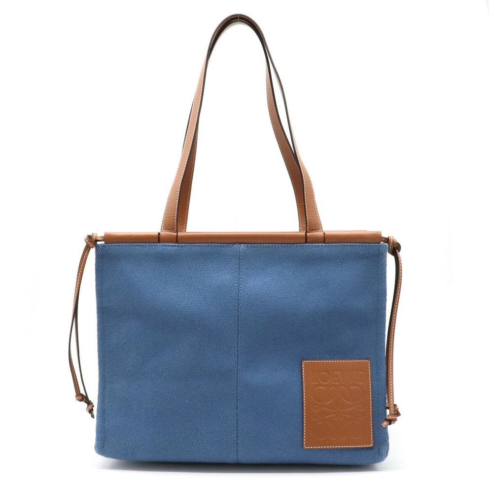 Loewe Cushion Tote Bag Shoulder Canvas Leather AQUA Blue Brown